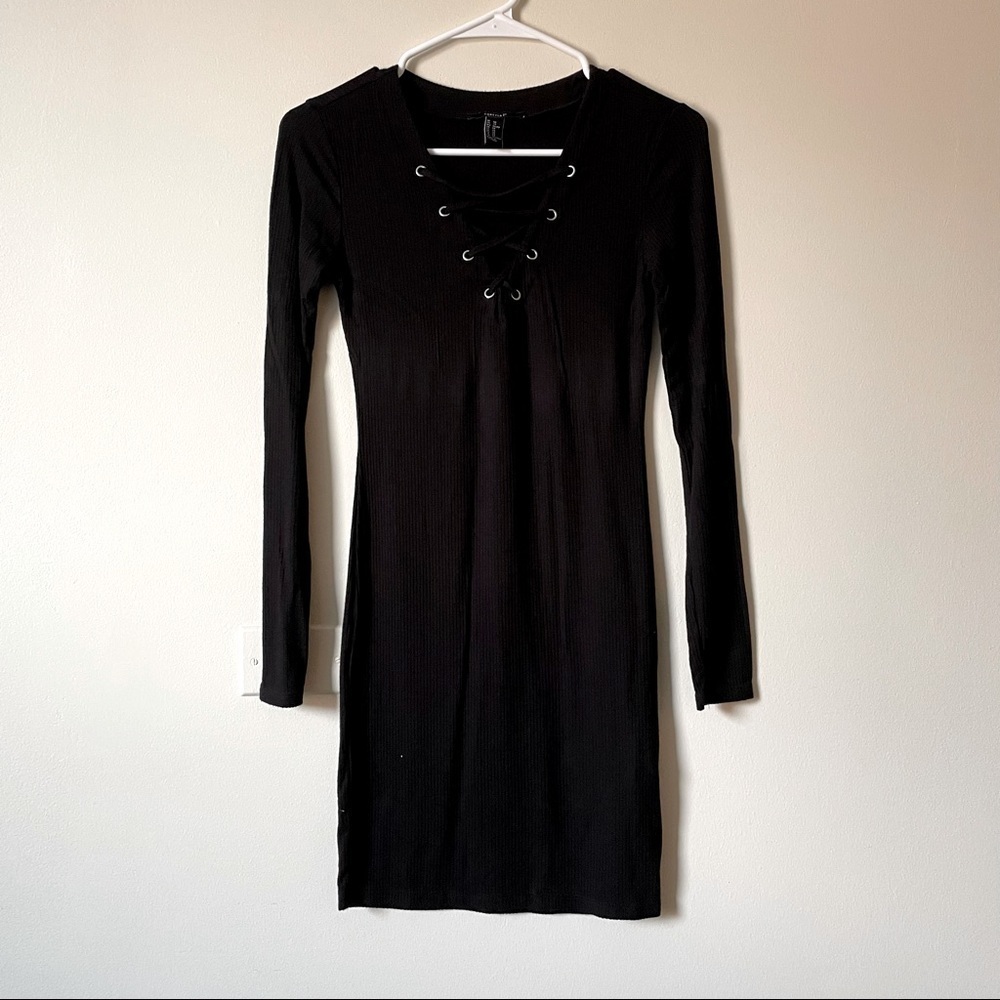 Forever21 rayon v-neck black‎ ribbed minimalist midi dress long sleeved comfort